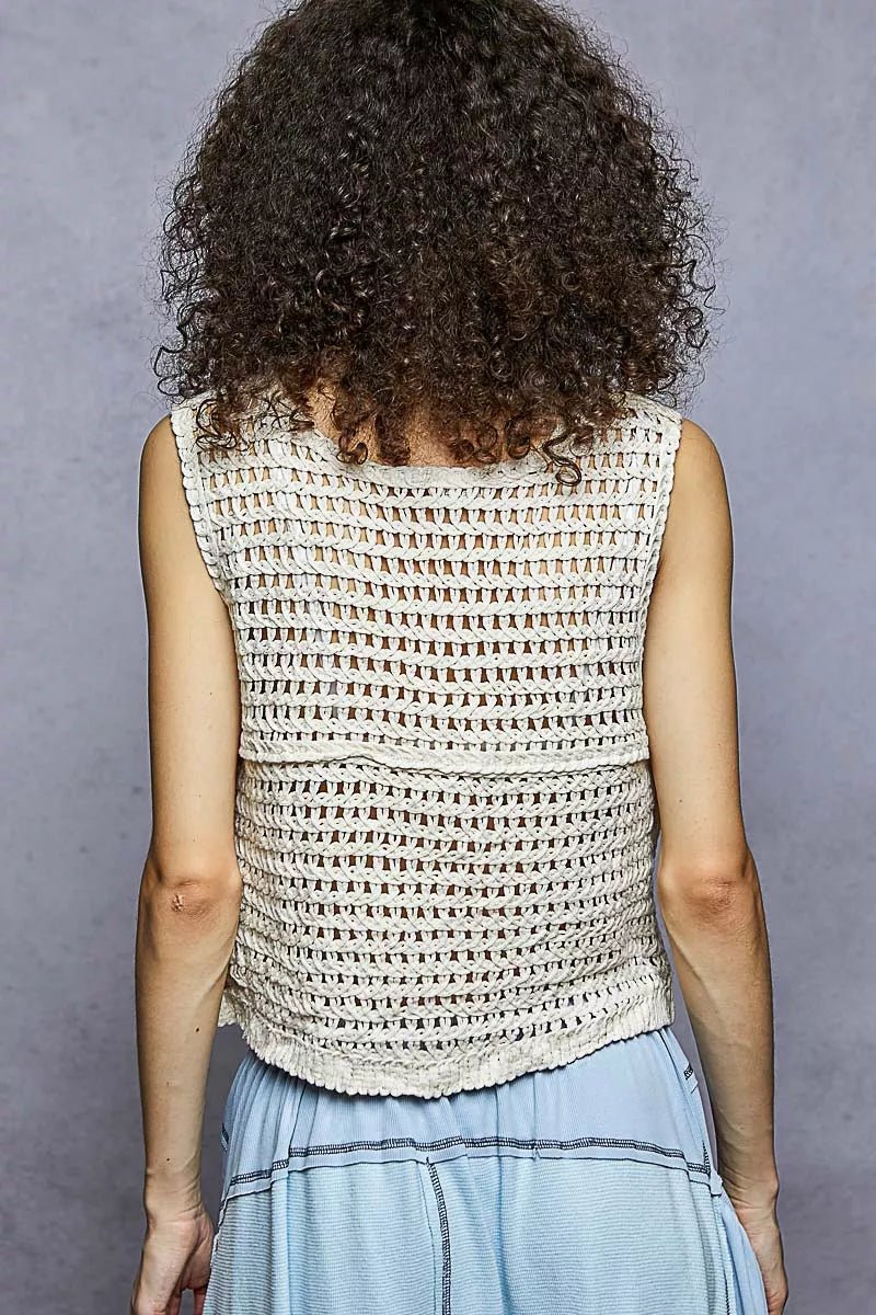 POL Button Down Floral Embroidery Cropped Crochet Vest Top - Bitsy Gypsy Boutique