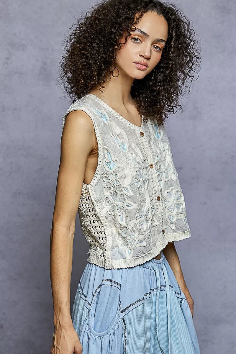 POL Button Down Floral Embroidery Cropped Crochet Vest Top - Bitsy Gypsy Boutique
