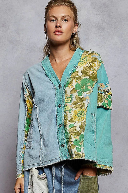 POL Button Down Floral V - Neck Long Sleeve Raw Hem Top - Bitsy Gypsy Boutique