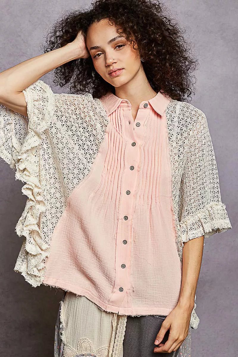 POL Button Down Front Pleated Shirt with Crochet Patch - Bitsy Gypsy Boutique
