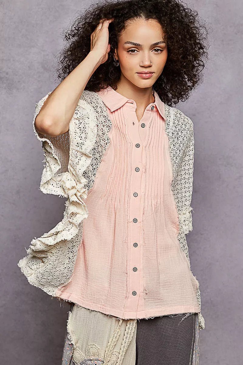POL Button Down Front Pleated Shirt with Crochet Patch - Bitsy Gypsy Boutique