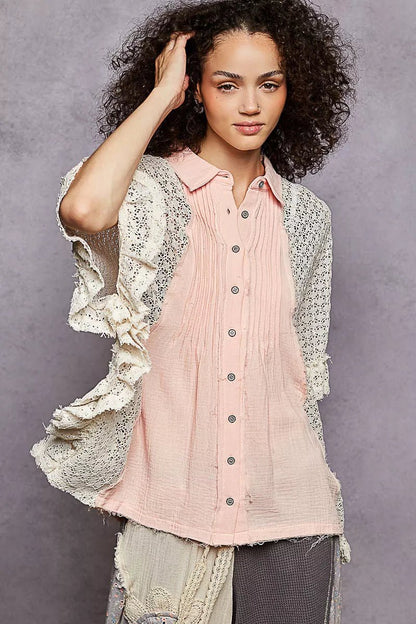 POL Button Down Front Pleated Shirt with Crochet Patch - Bitsy Gypsy Boutique