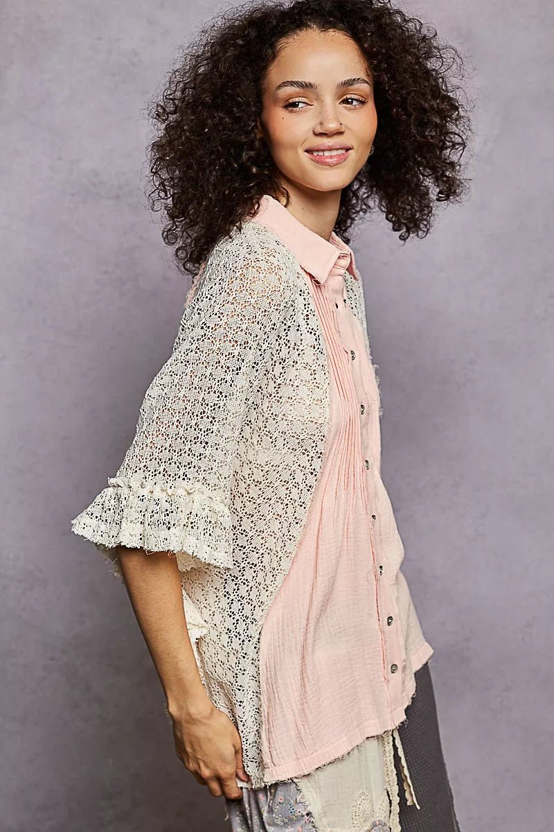 POL Button Down Front Pleated Shirt with Crochet Patch - Bitsy Gypsy Boutique