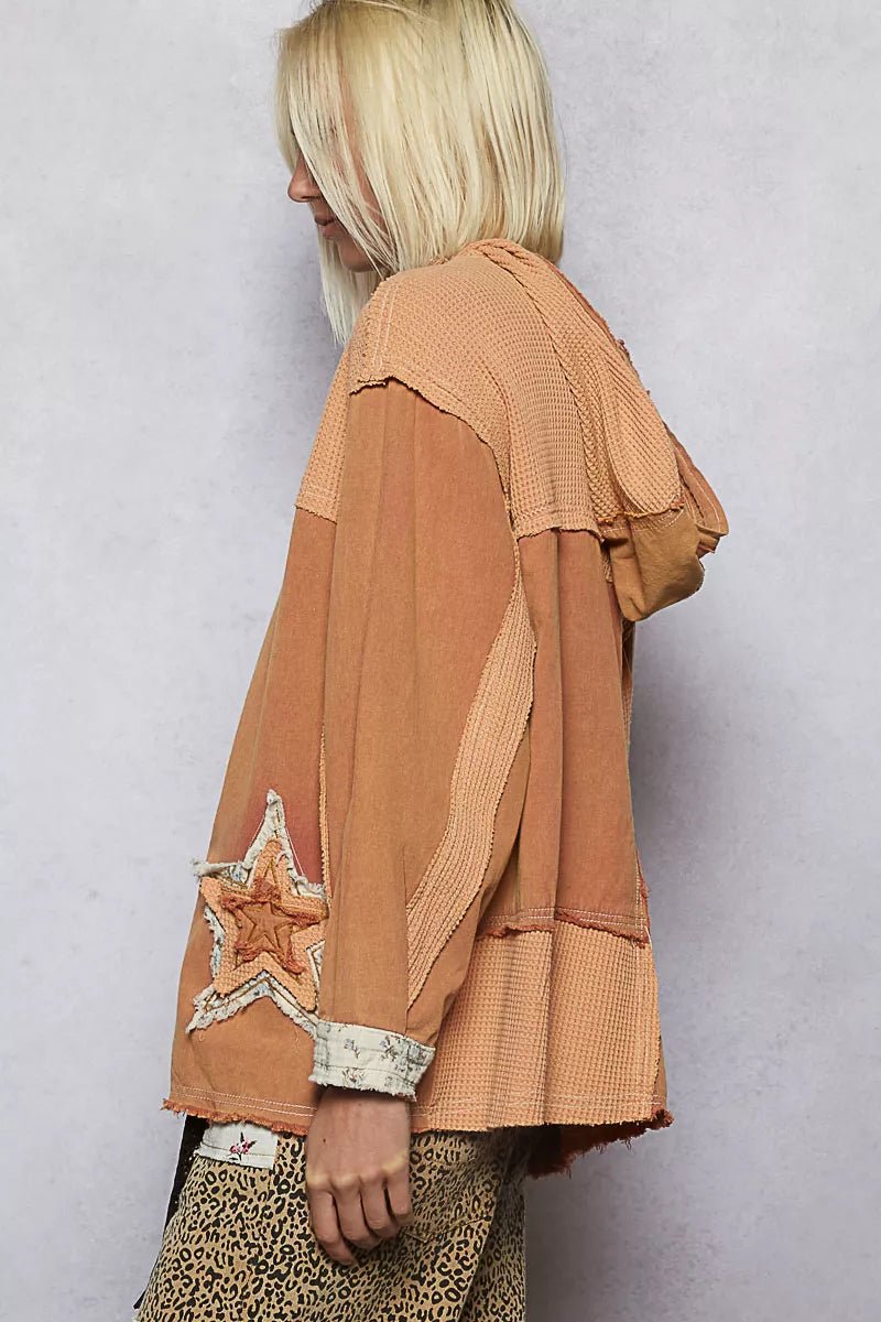 POL Button Down Hooded Jacket with with Star Patch Pattern - Bitsy Gypsy Boutique