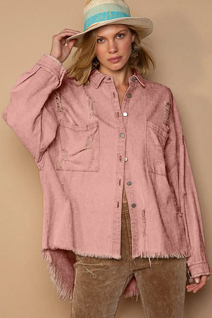 POL Button Down Raw Hem Distressed Shacket - Bitsy Gypsy Boutique