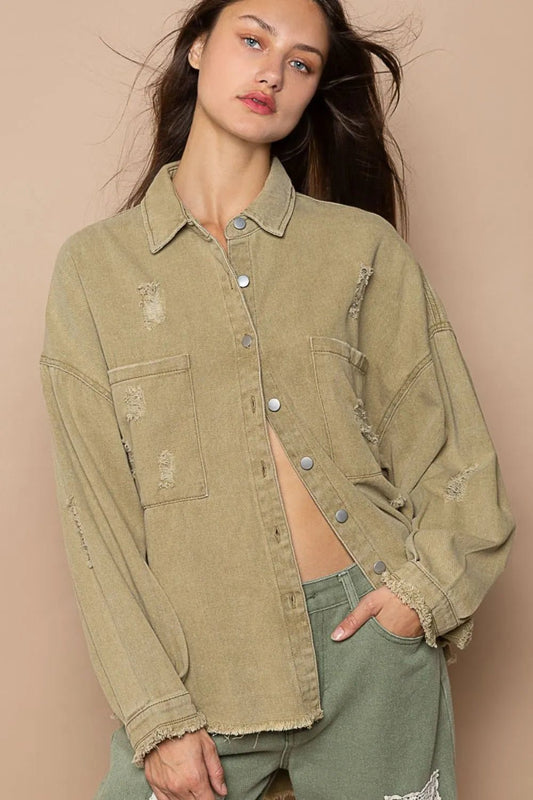POL Button Down Raw Hem Distressed Shacket - Bitsy Gypsy Boutique