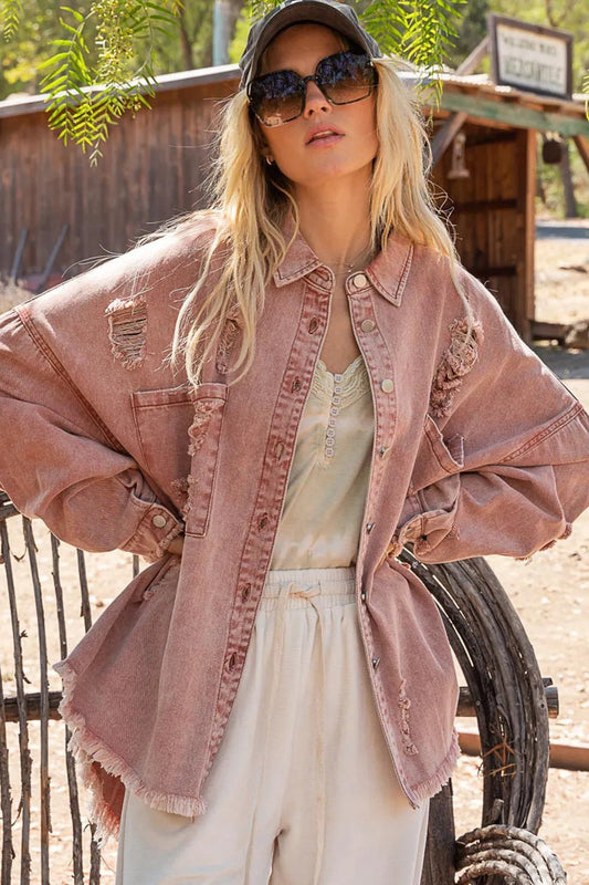 POL Button Down Raw Hem Distressed Shacket - Bitsy Gypsy Boutique