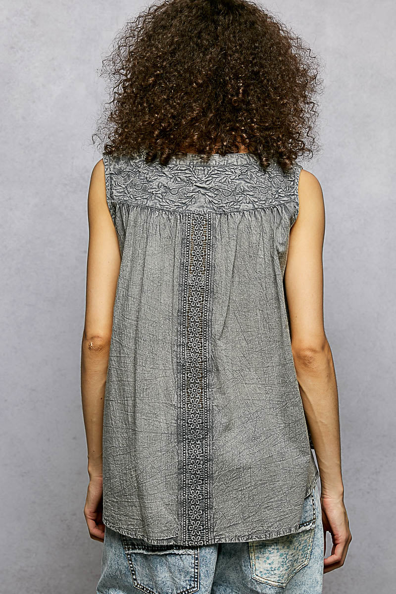 POL Button Down Round Neck Tank with Crochet Contrast - Bitsy Gypsy Boutique