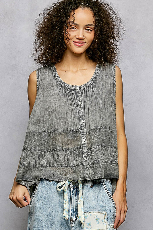 POL Button Down Round Neck Tank with Crochet Contrast - Bitsy Gypsy Boutique