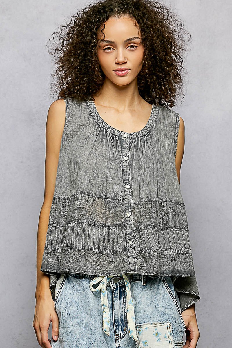 POL Button Down Round Neck Tank with Crochet Contrast - Bitsy Gypsy Boutique