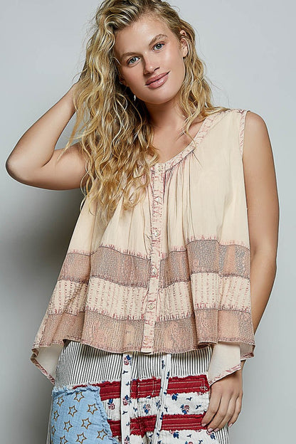 POL Button Down Round Neck Tank with Crochet Contrast - Bitsy Gypsy Boutique