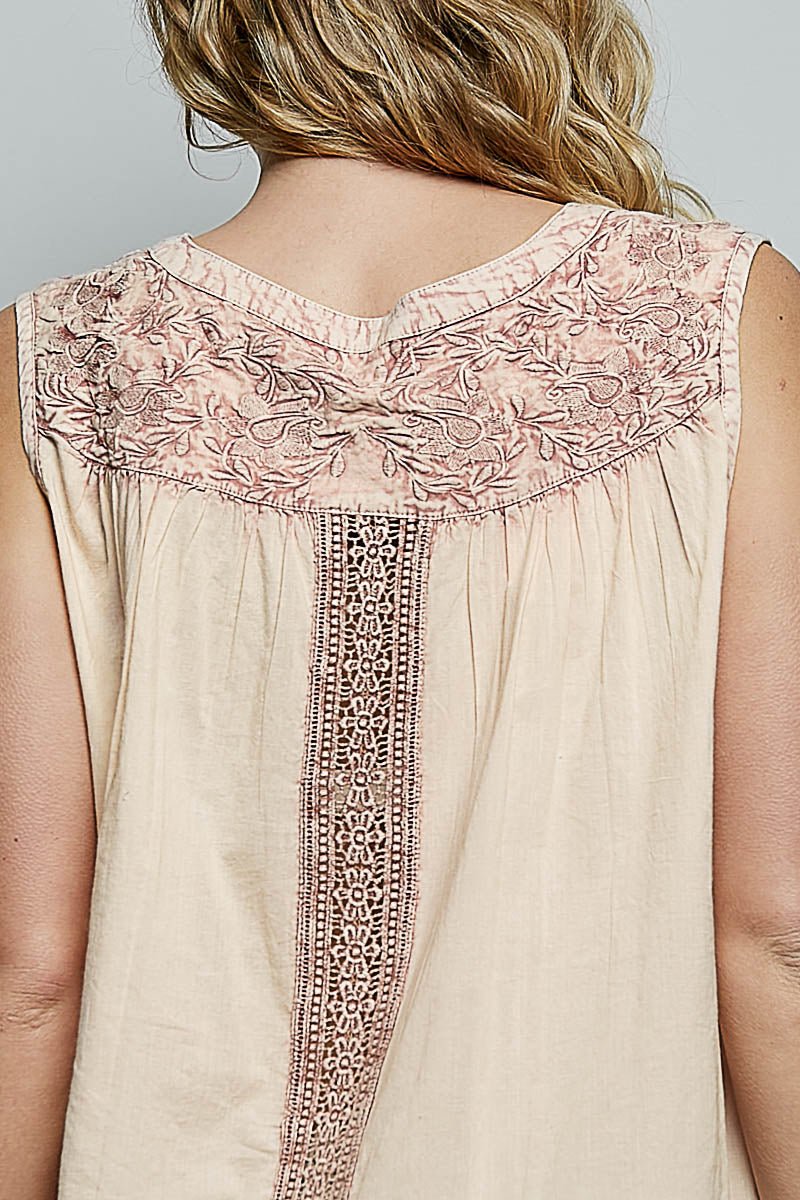 POL Button Down Round Neck Tank with Crochet Contrast - Bitsy Gypsy Boutique