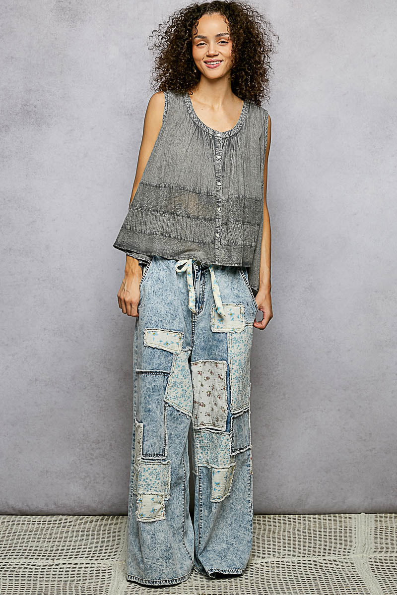 POL Button Down Round Neck Tank with Crochet Contrast - Bitsy Gypsy Boutique