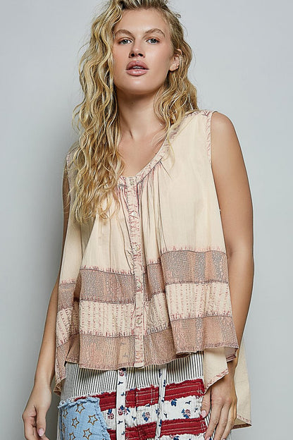POL Button Down Round Neck Tank with Crochet Contrast - Bitsy Gypsy Boutique