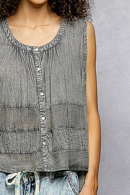 POL Button Down Round Neck Tank with Crochet Contrast - Bitsy Gypsy Boutique