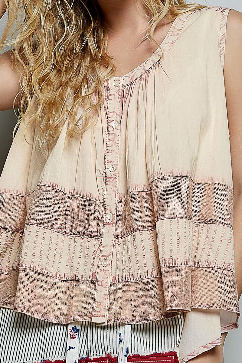 POL Button Down Round Neck Tank with Crochet Contrast - Bitsy Gypsy Boutique