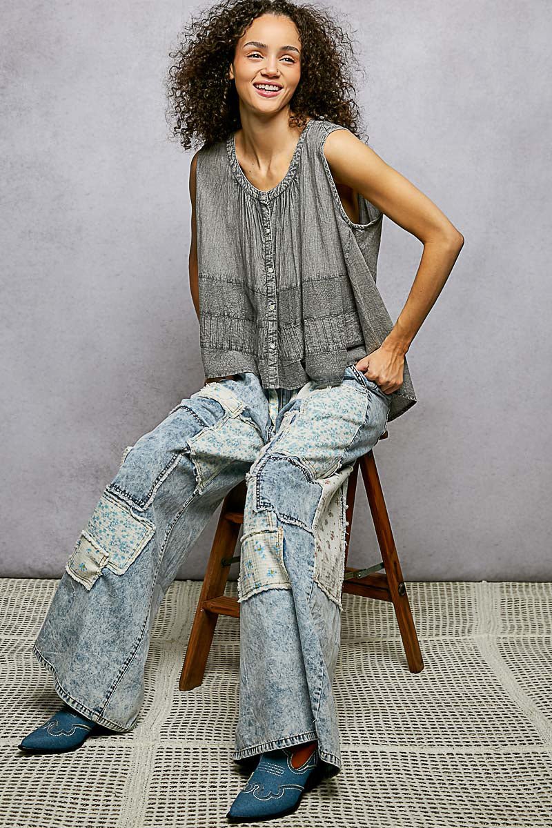 POL Button Down Round Neck Tank with Crochet Contrast - Bitsy Gypsy Boutique
