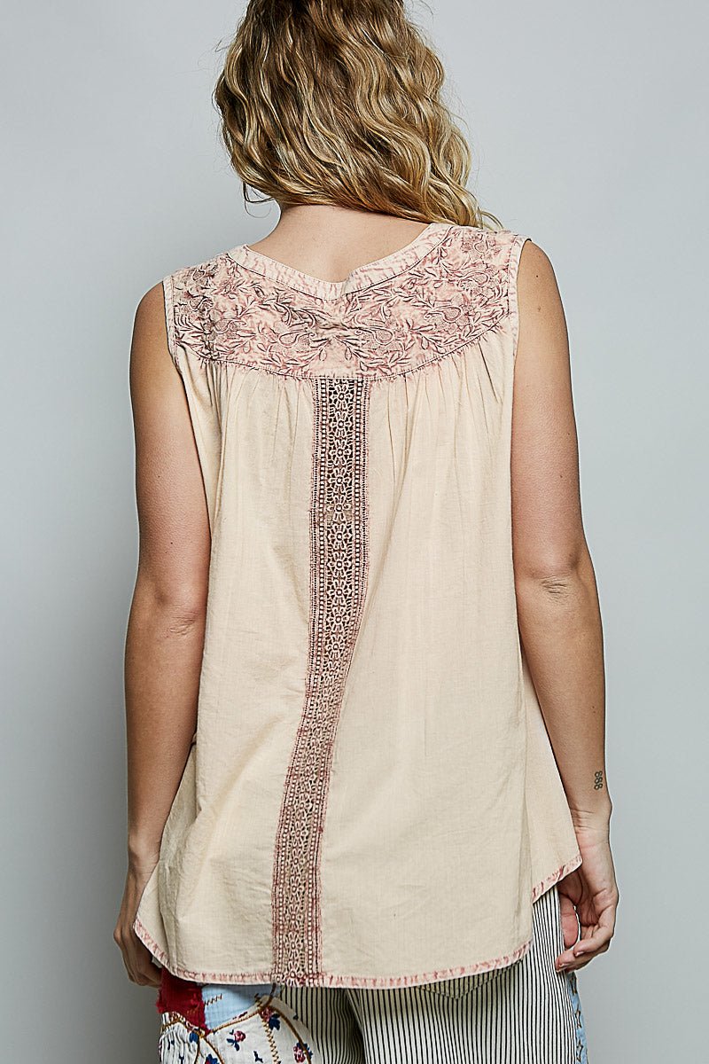 POL Button Down Round Neck Tank with Crochet Contrast - Bitsy Gypsy Boutique