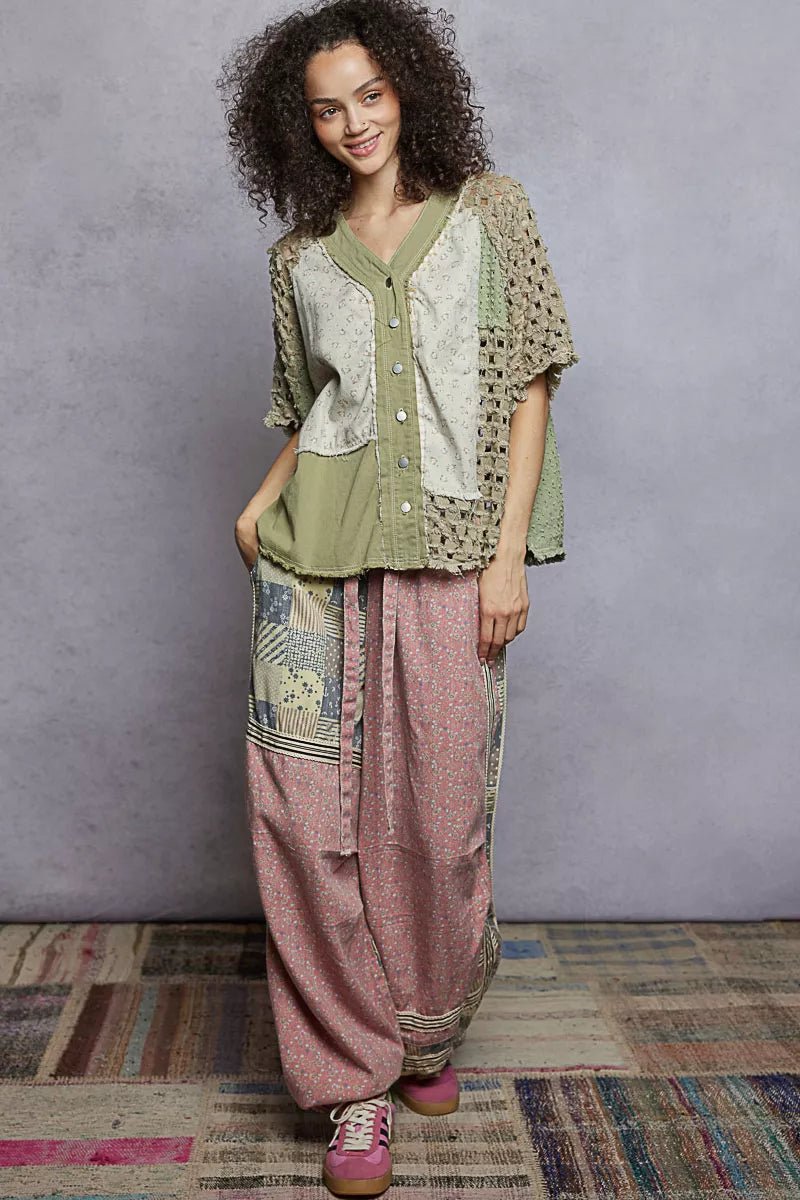 POL Button Down V - Neck Jacket with Printed Woven Patchwork - Bitsy Gypsy Boutique