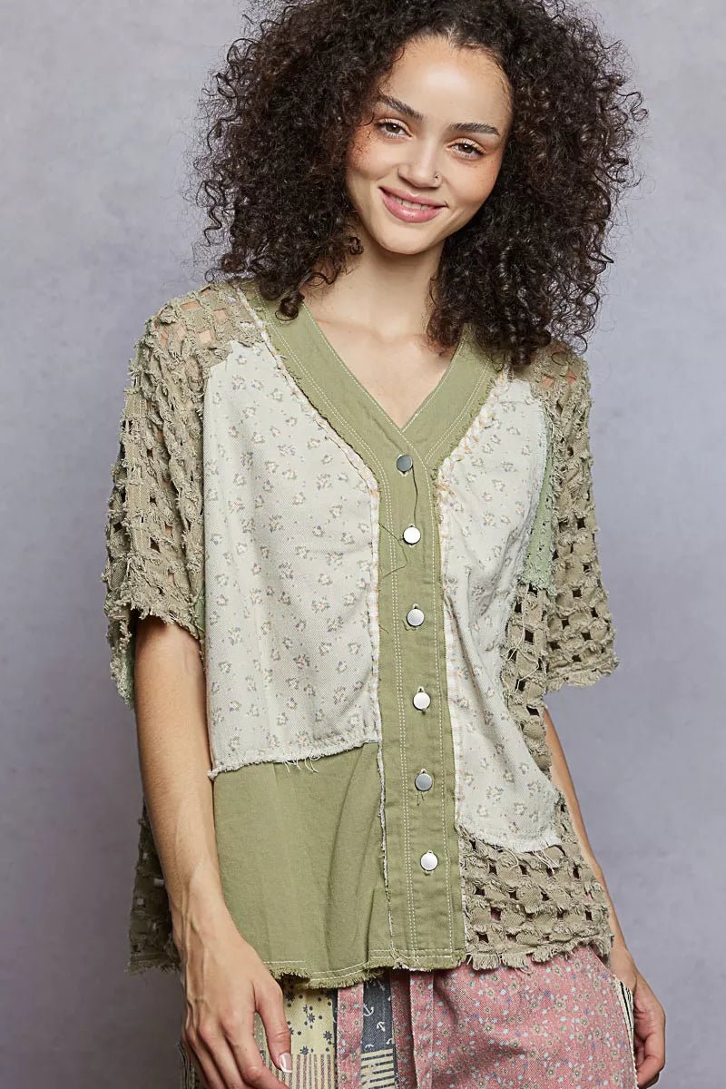 POL Button Down V - Neck Jacket with Printed Woven Patchwork - Bitsy Gypsy Boutique