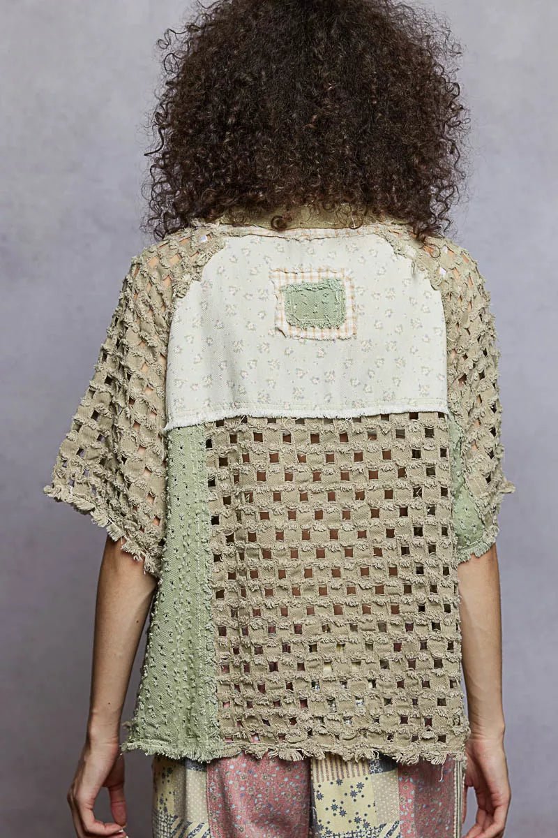 POL Button Down V - Neck Jacket with Printed Woven Patchwork - Bitsy Gypsy Boutique