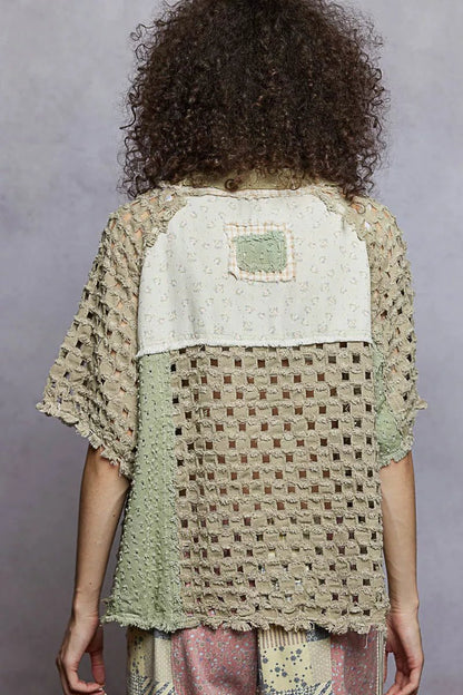 POL Button Down V - Neck Jacket with Printed Woven Patchwork - Bitsy Gypsy Boutique