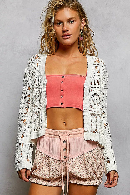 POL Button Down V - Neck Long Sleeve Cropped Crochet Cardigan - Bitsy Gypsy Boutique