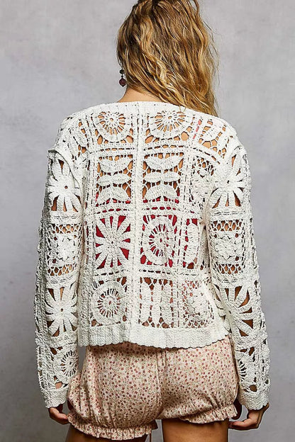 POL Button Down V - Neck Long Sleeve Cropped Crochet Cardigan - Bitsy Gypsy Boutique