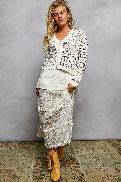 POL Button Down V - Neck Long Sleeve Cropped Crochet Cardigan - Bitsy Gypsy Boutique