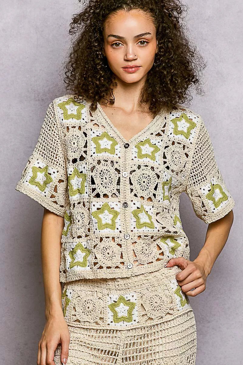 POL Button Front V - Neck Crochet Cardigan with Contast Star - Bitsy Gypsy Boutique