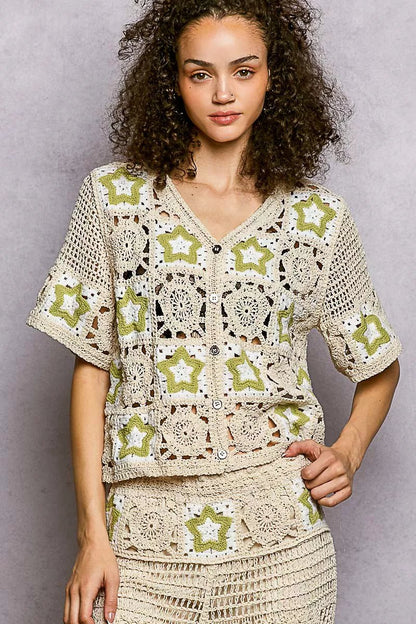 POL Button Front V - Neck Crochet Cardigan with Contast Star - Bitsy Gypsy Boutique