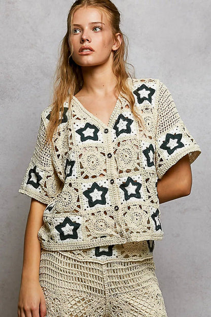 POL Button Front V - Neck Crochet Cardigan with Contast Star - Bitsy Gypsy Boutique