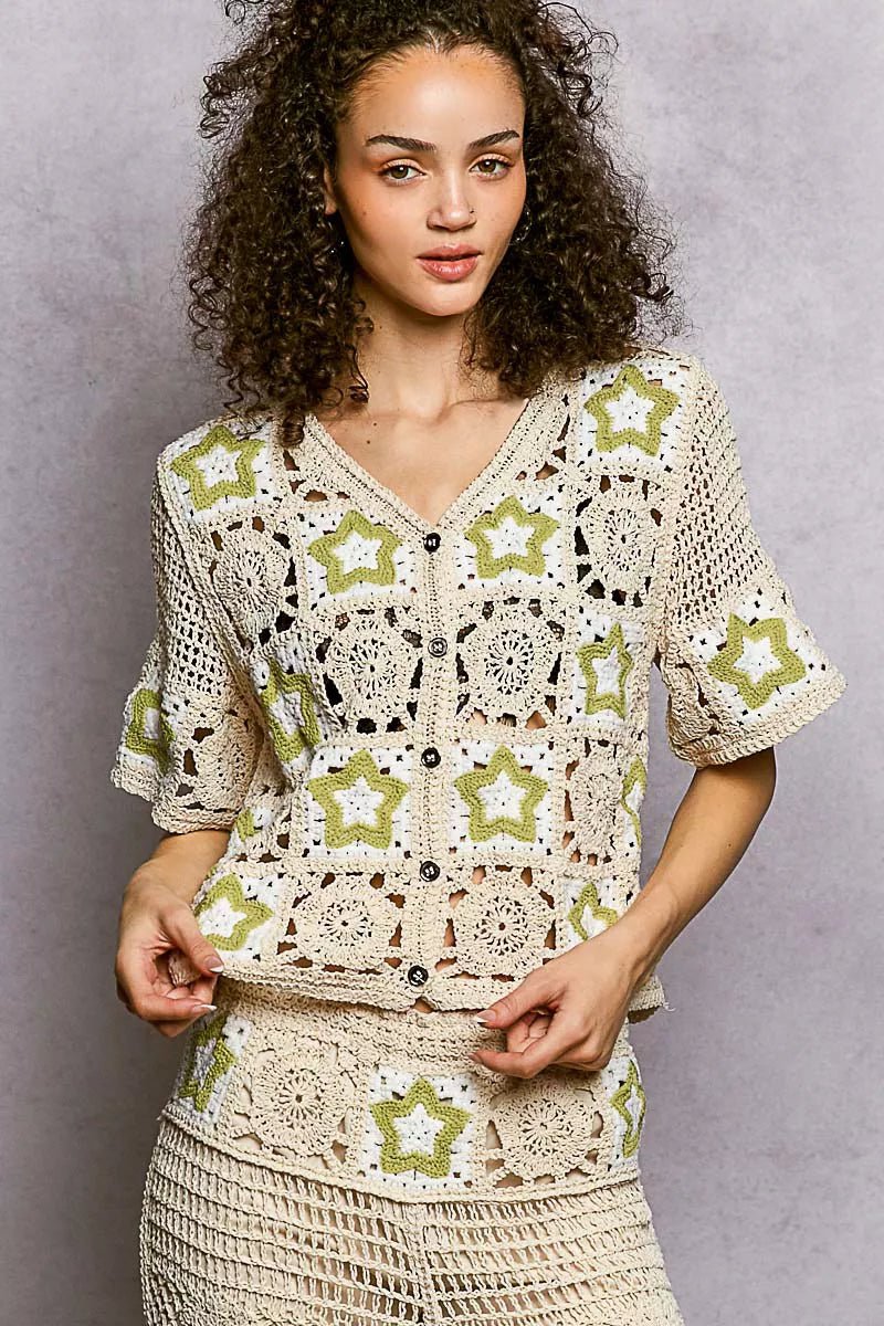 POL Button Front V - Neck Crochet Cardigan with Contast Star - Bitsy Gypsy Boutique