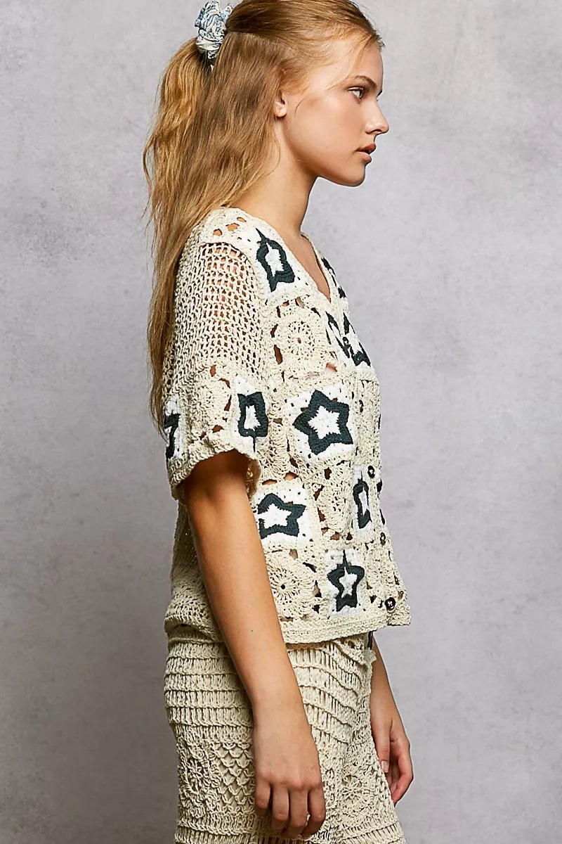 POL Button Front V - Neck Crochet Cardigan with Contast Star - Bitsy Gypsy Boutique