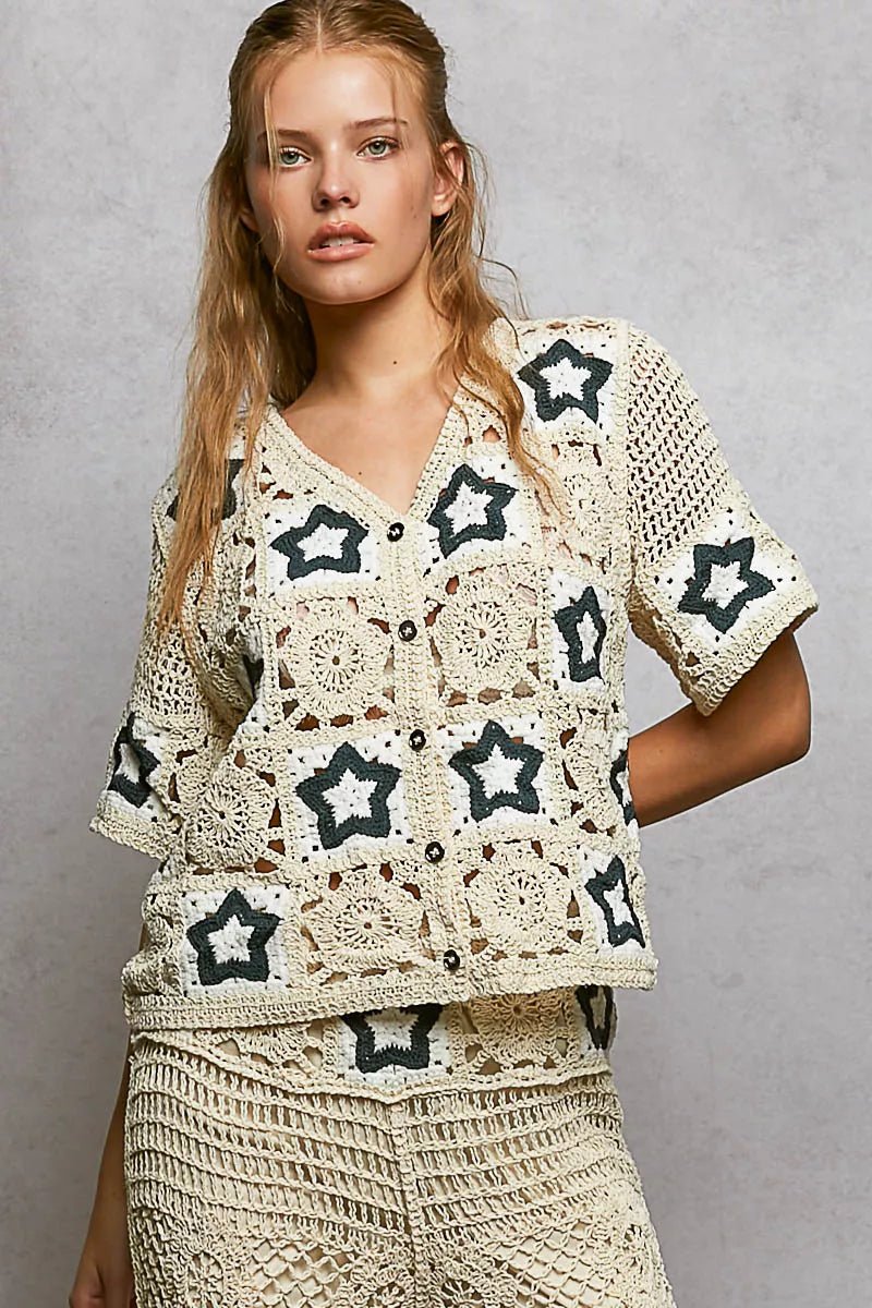 POL Button Front V - Neck Crochet Cardigan with Contast Star - Bitsy Gypsy Boutique