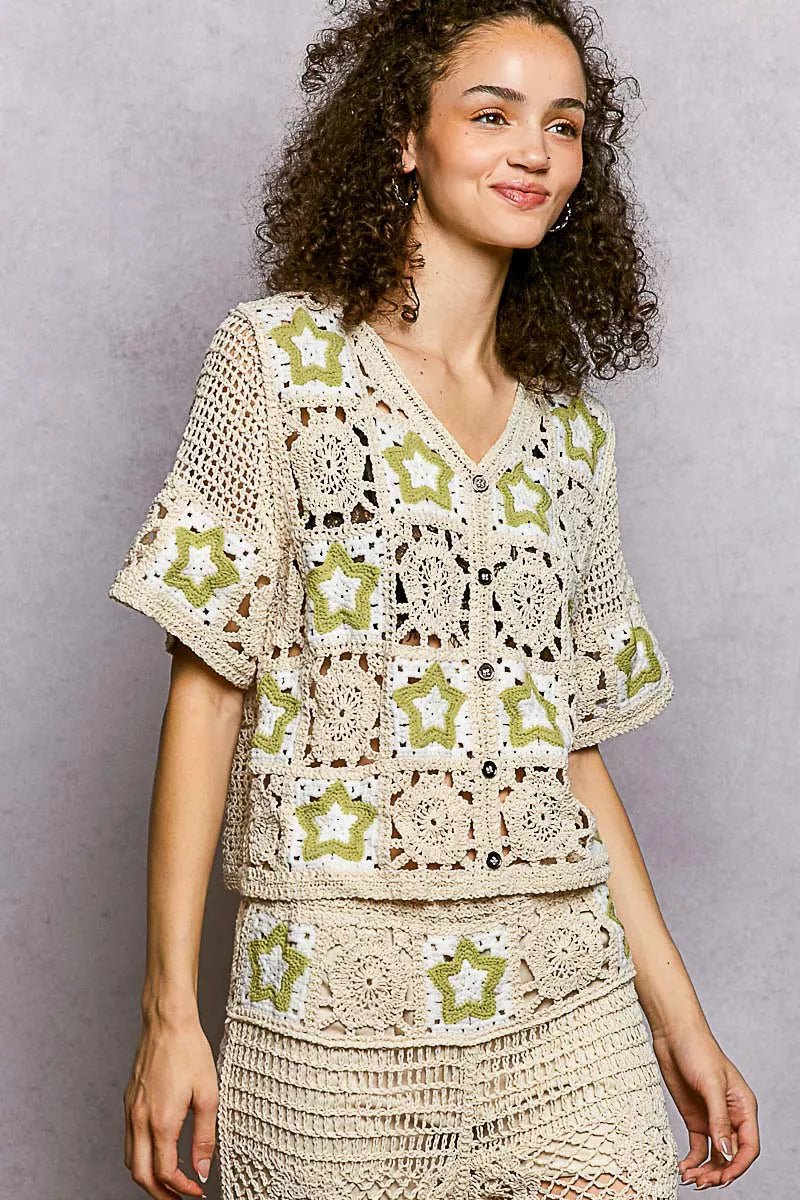 POL Button Front V - Neck Crochet Cardigan with Contast Star - Bitsy Gypsy Boutique