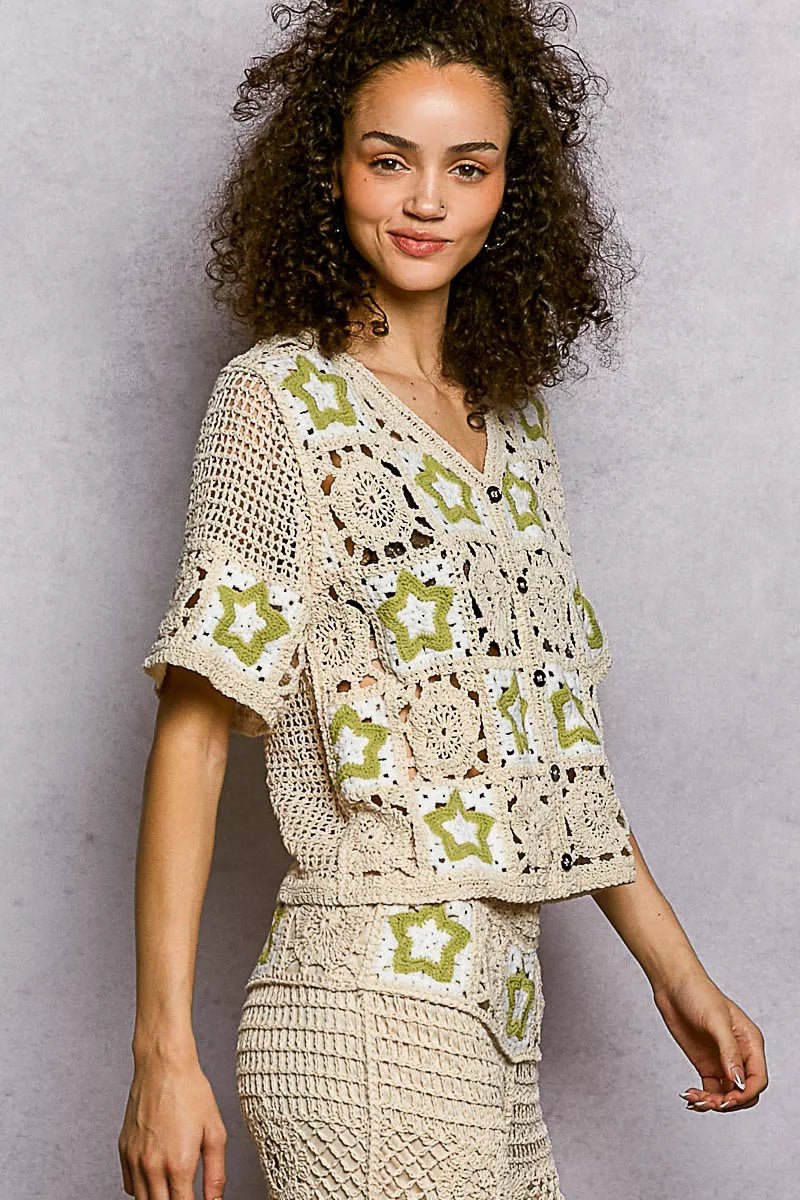 POL Button Front V - Neck Crochet Cardigan with Contast Star - Bitsy Gypsy Boutique