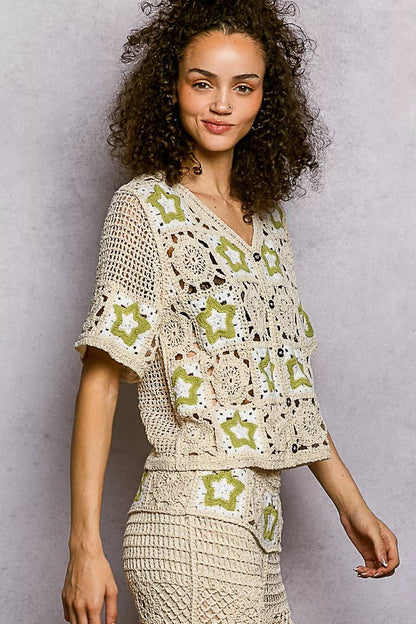 POL Button Front V - Neck Crochet Cardigan with Contast Star - Bitsy Gypsy Boutique
