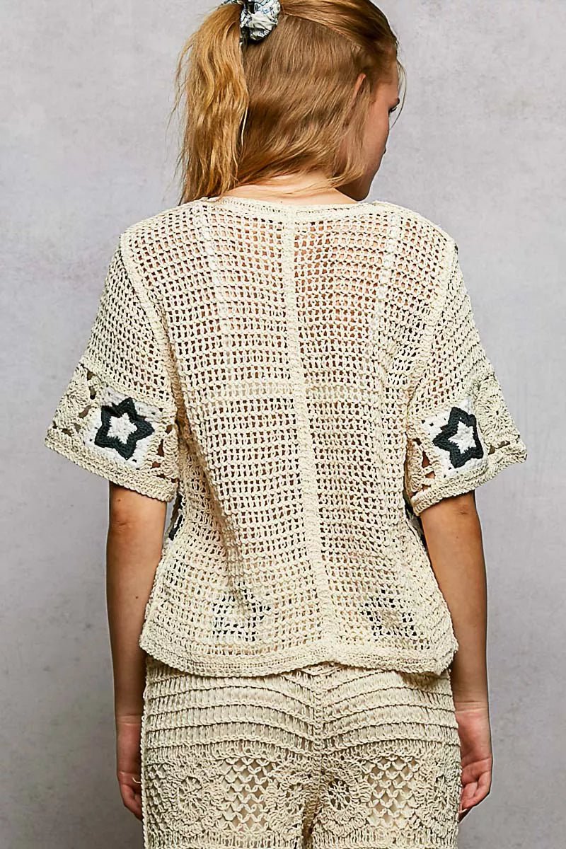 POL Button Front V - Neck Crochet Cardigan with Contast Star - Bitsy Gypsy Boutique