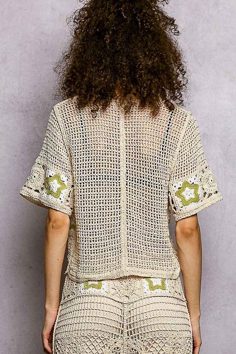 POL Button Front V - Neck Crochet Cardigan with Contast Star - Bitsy Gypsy Boutique