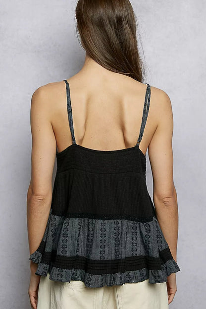 POL Button Front V - Neck Ruffled Cami with Pintuck Accents - Bitsy Gypsy Boutique