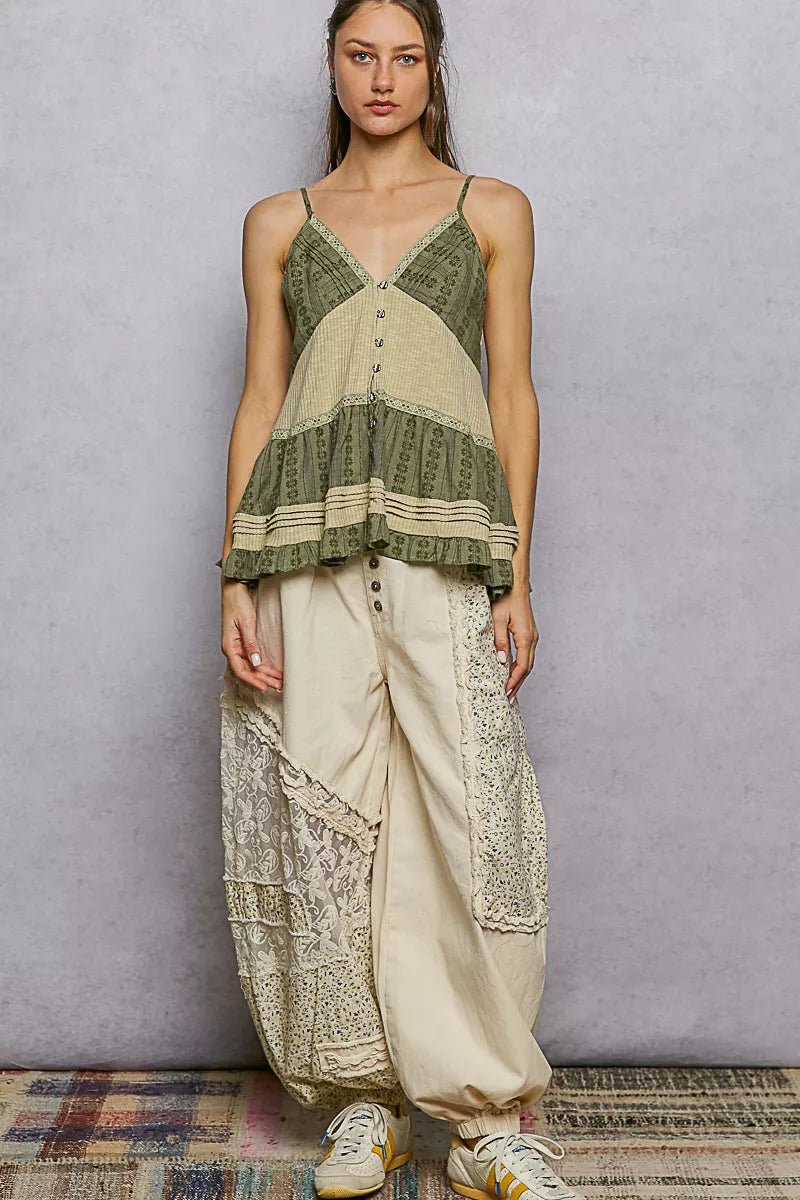 POL Button Front V - Neck Ruffled Cami with Pintuck Accents - Bitsy Gypsy Boutique