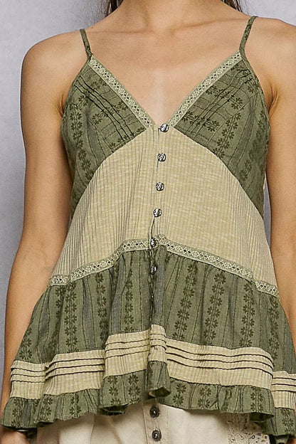 POL Button Front V - Neck Ruffled Cami with Pintuck Accents - Bitsy Gypsy Boutique