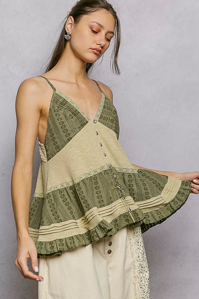 POL Button Front V - Neck Ruffled Cami with Pintuck Accents - Bitsy Gypsy Boutique