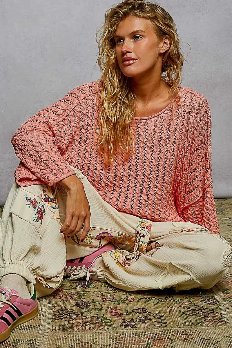 POL Cable - Knit Openwork Round Neck Cropped Sweater - Bitsy Gypsy Boutique