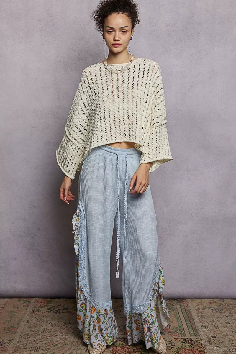 POL Cable - Knit Openwork Round Neck Cropped Sweater - Bitsy Gypsy Boutique