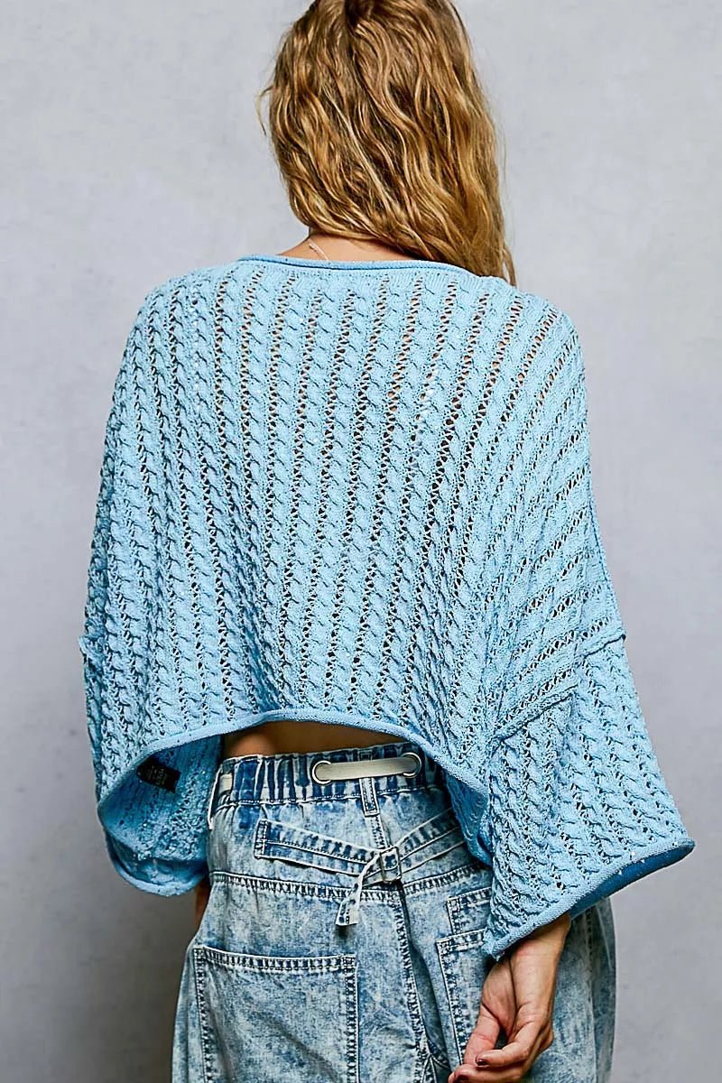 POL Cable - Knit Openwork Round Neck Cropped Sweater - Bitsy Gypsy Boutique