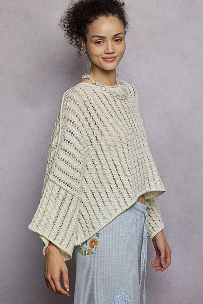POL Cable - Knit Openwork Round Neck Cropped Sweater - Bitsy Gypsy Boutique