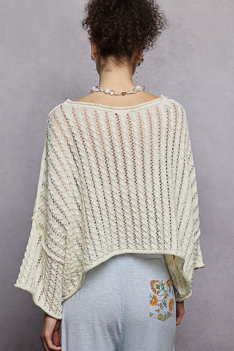 POL Cable - Knit Openwork Round Neck Cropped Sweater - Bitsy Gypsy Boutique