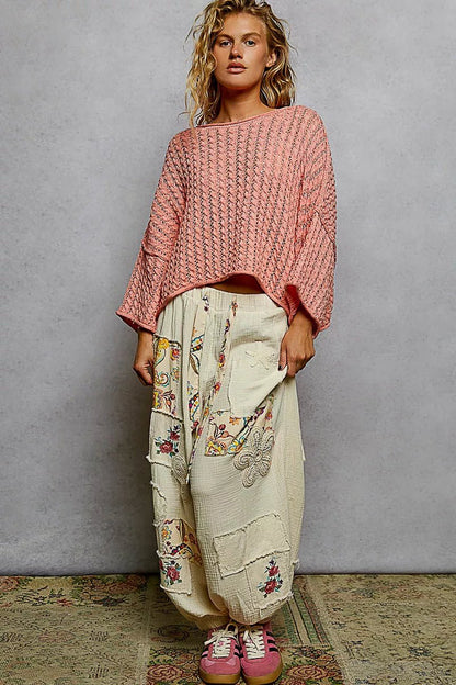 POL Cable - Knit Openwork Round Neck Cropped Sweater - Bitsy Gypsy Boutique